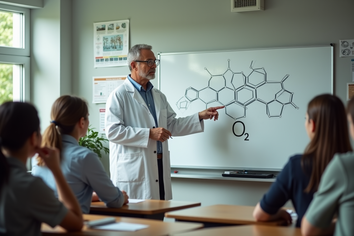 Professeur de sciences expliquant un modele moleculaire en classe