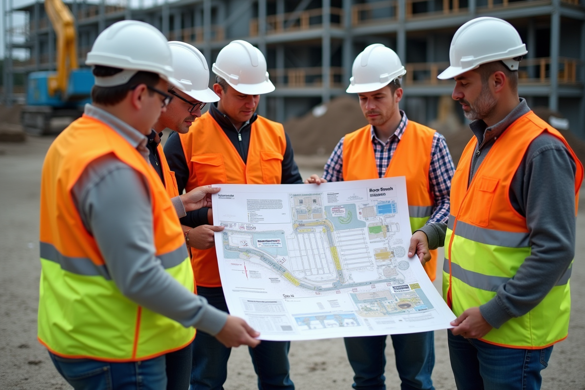 Equipe de travailleurs avec plans de securite sur site