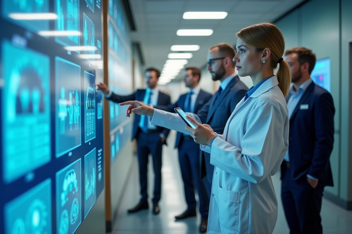 Equipe hospitaliere en discussion dans un couloir hightech