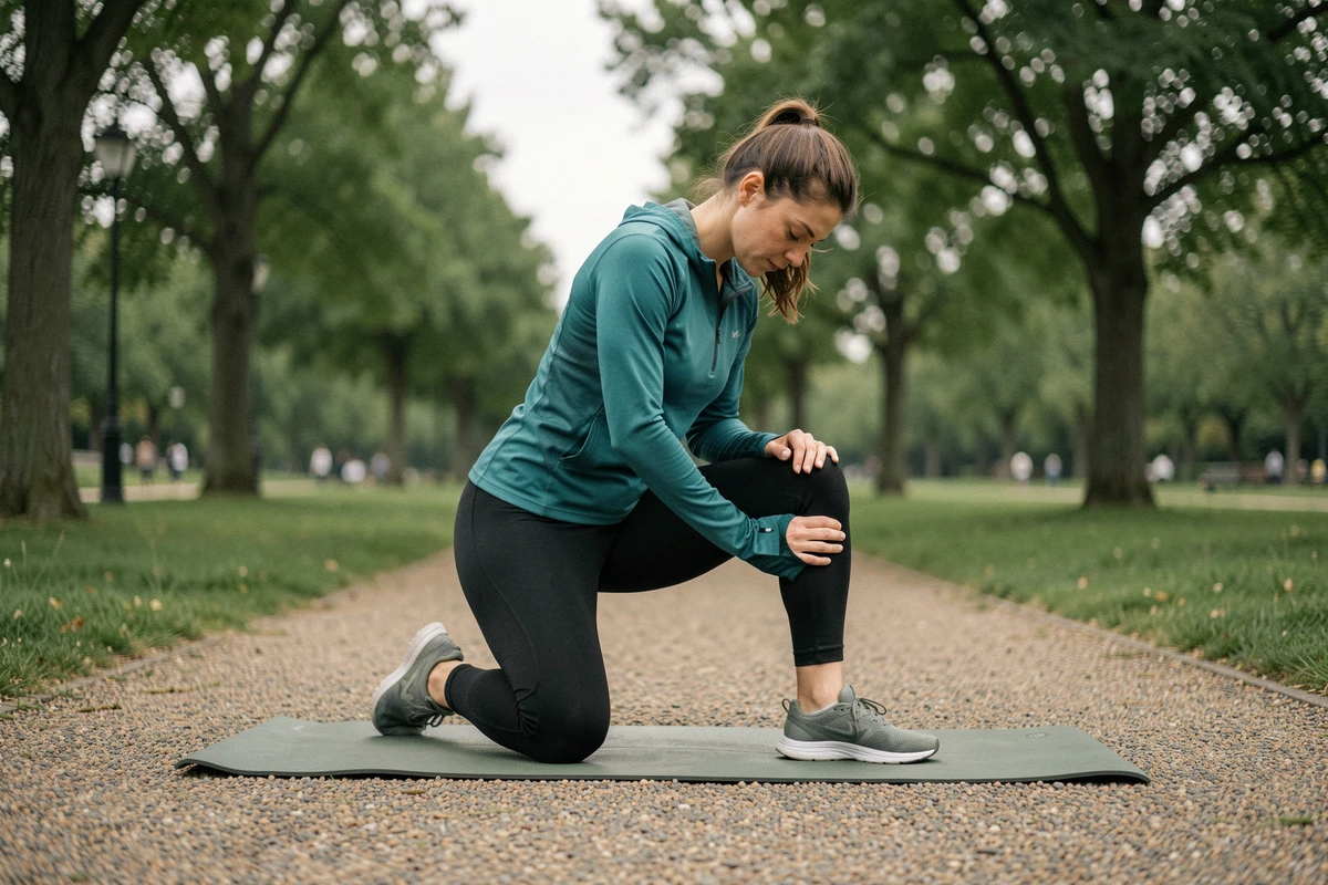Coureuse réalisant un étirement de la patte d'oie du genou sur un tapis de yoga dans un parc urbain, prévention des blessures sportives