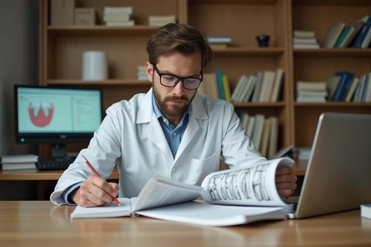 Étudiant en dentisterie étudiant un schéma de numérotation des dents avec des notes de correction manuscrites