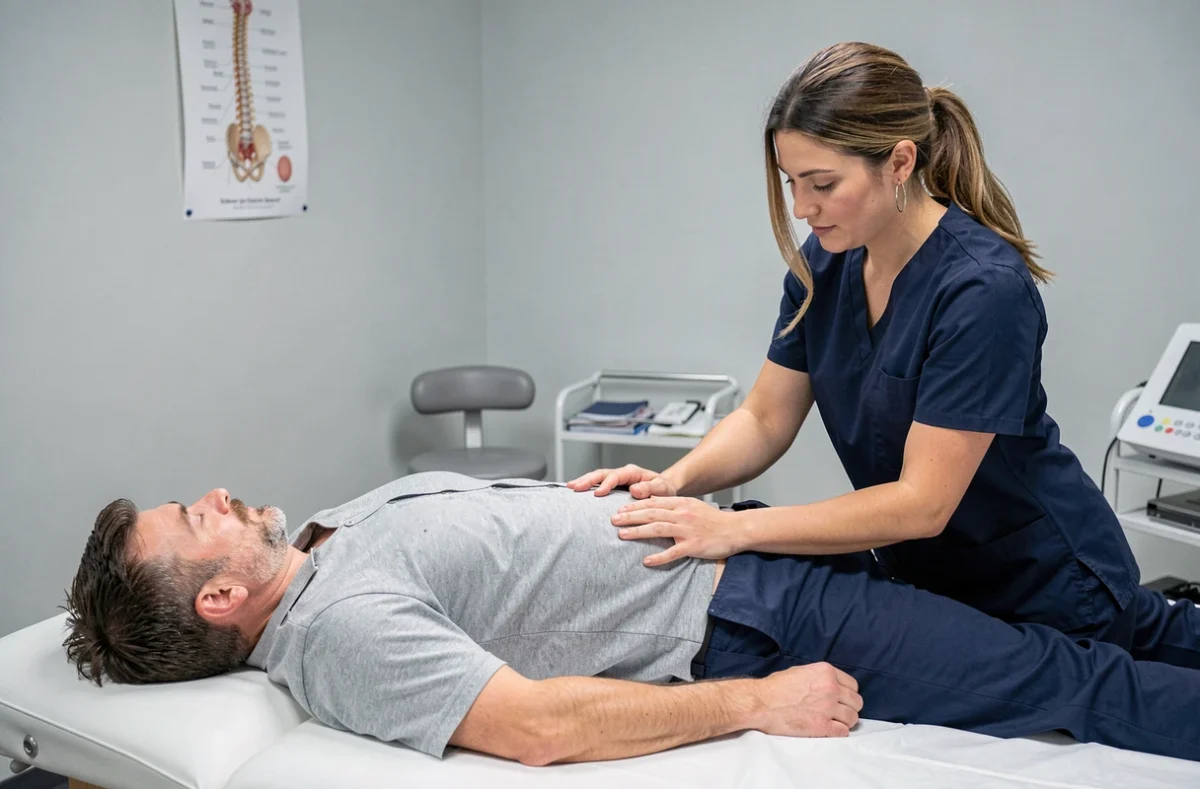 Kinésithérapeute examinant un patient souffrant de douleur au coccyx lors d'une séance de physiothérapie