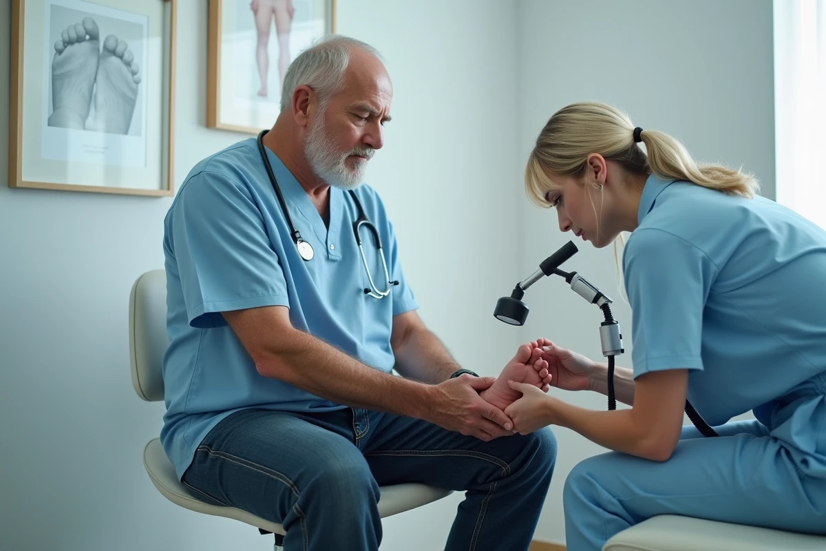 Podologue examinant une corne plantaire douloureuse sous le pied d'un patient en cabinet médical