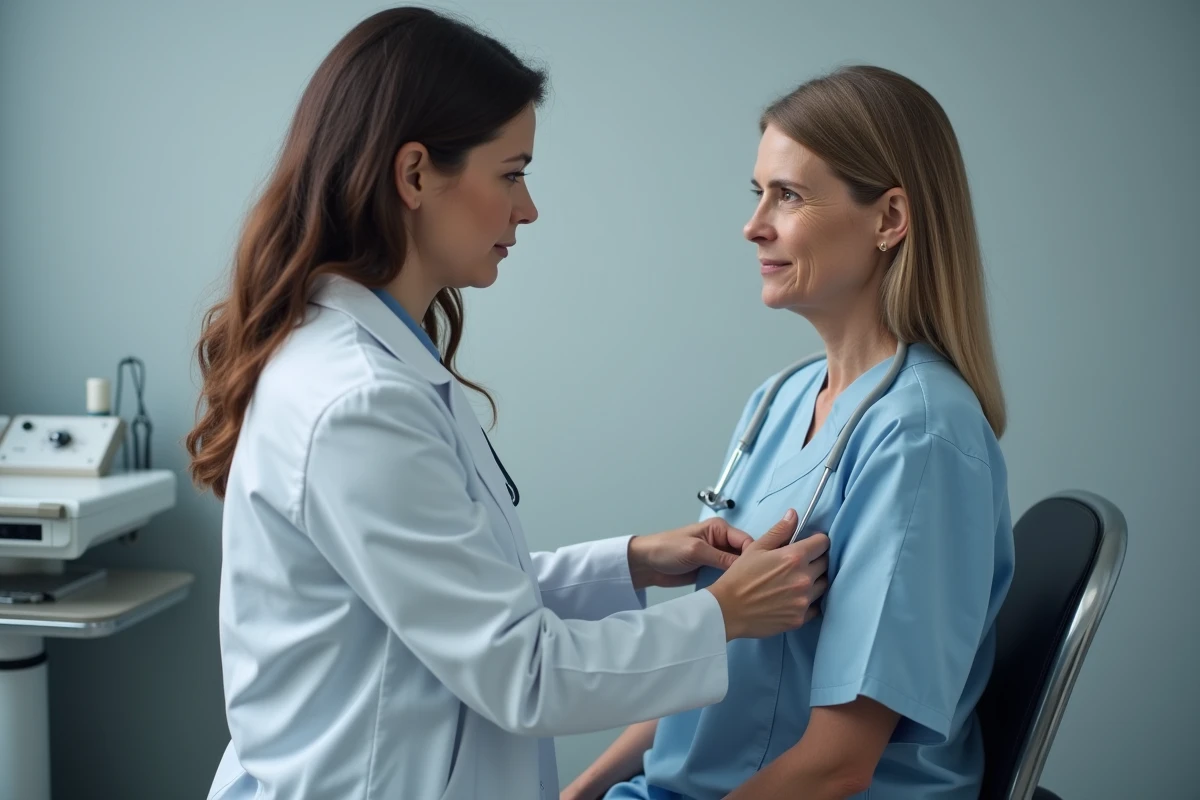 Médecin examinant l'aisselle gauche d'une patiente lors d'une consultation médicale, dans le cadre d'un dépistage du cancer du sein