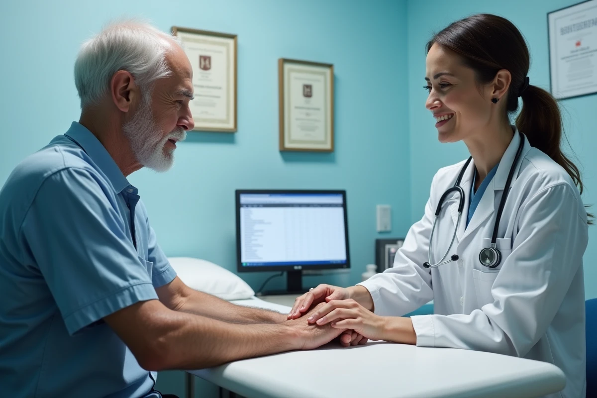 Médecin examinant la main d’un patient en consultation