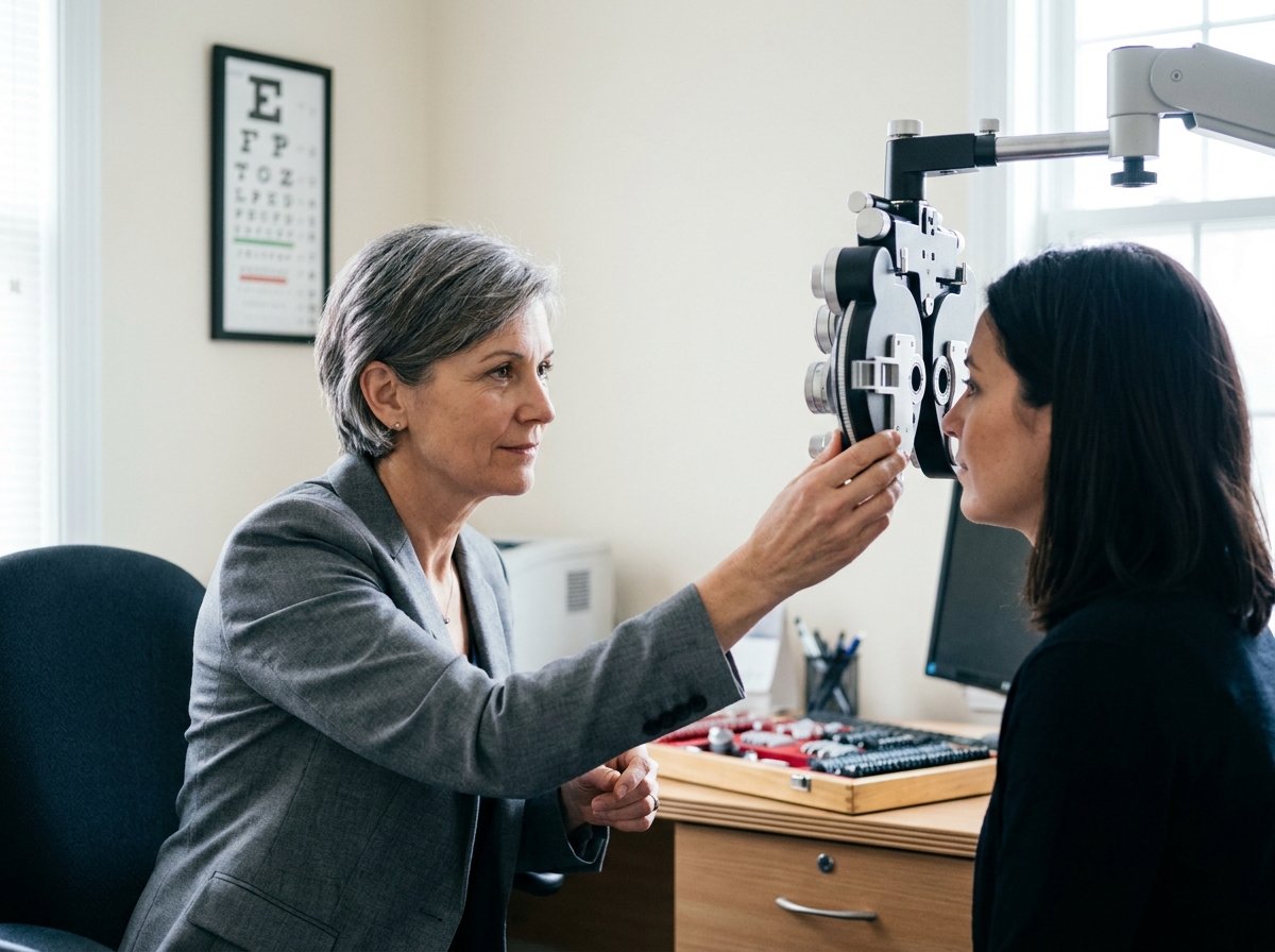 Optométriste réalisant un examen de vue sur une patiente dans un cabinet d'optique en Hauts-de-France