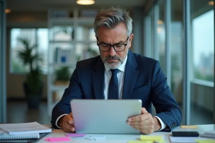 Homme executif en costume bleu dans un bureau moderne