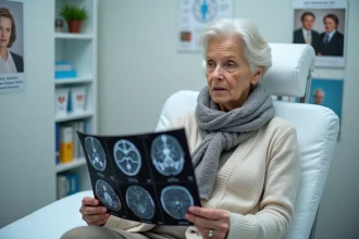 Femme âgée tenant une IRM cérébrale dans un cabinet médical