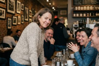 Femme souriante en café avec amis en intérieur
