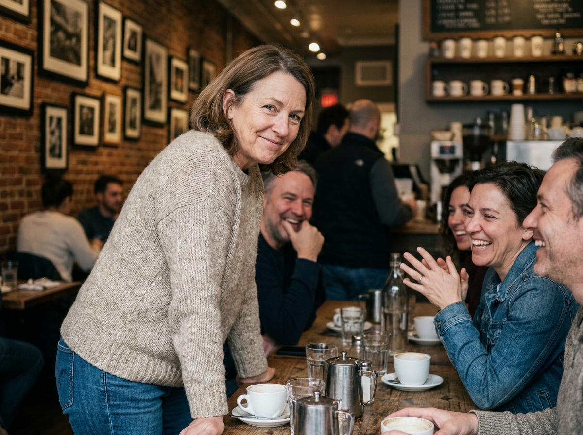Femme souriante en café avec amis en intérieur