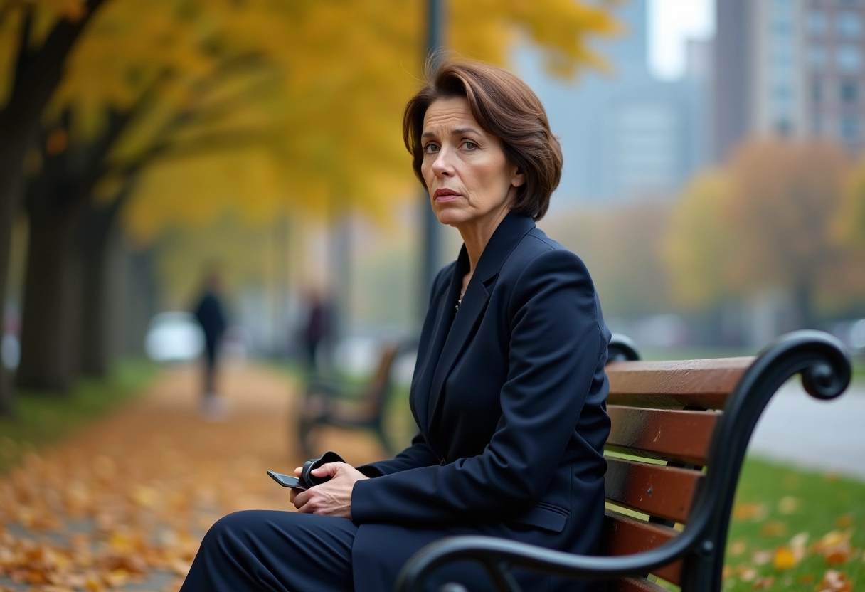 Femme isolée assise sur un banc dans un parc automnal