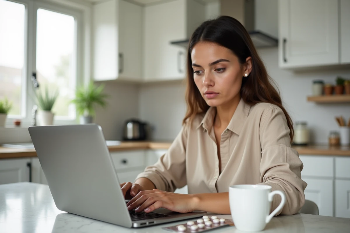 Jeune femme consultant des avis en ligne sur Indiva System depuis sa cuisine