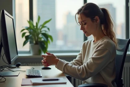 Jeune femme au bureau se masse le poignet en concentration
