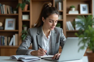 Jeune femme en bureau moderne travaillant sur son ordinateur