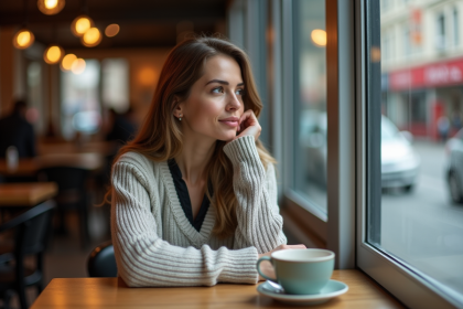 Femme en café regardant par la fenêtre contemplative