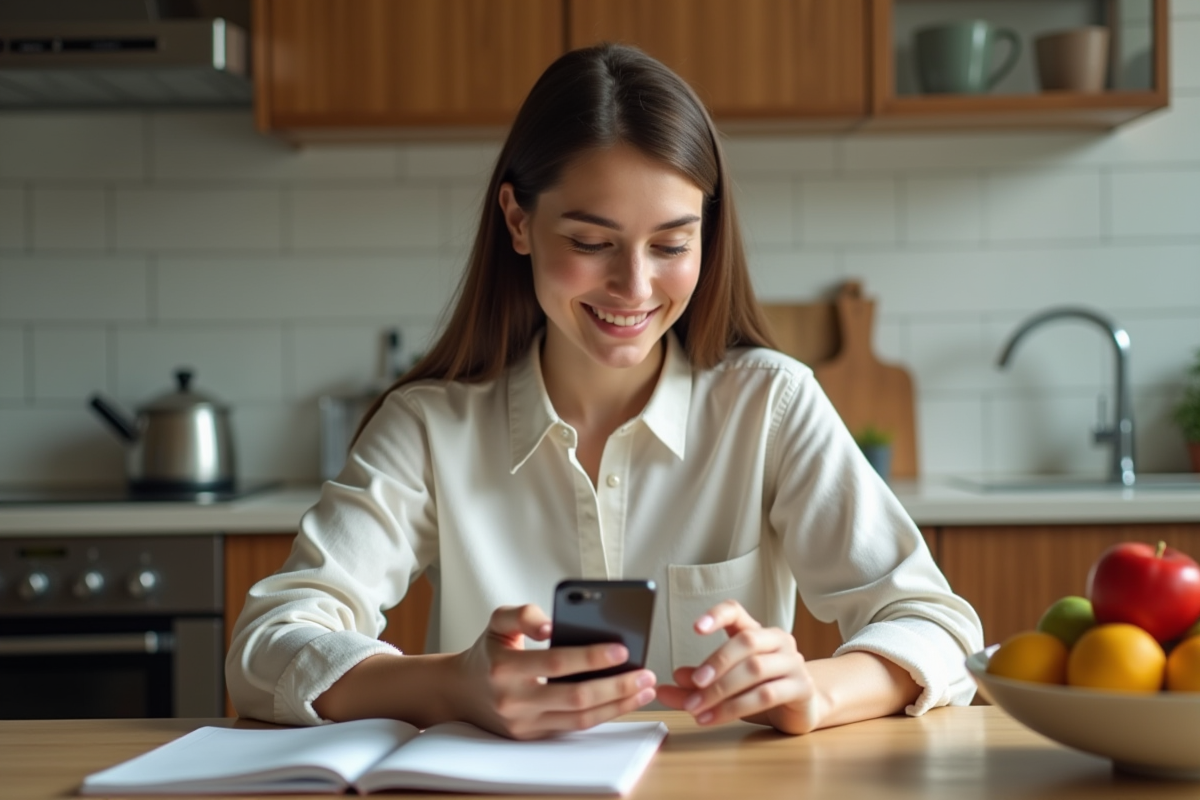 Jeune femme calculant ses calories dans un carnet à la cuisine