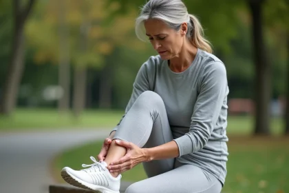 Femme tenant sa cheville gonflée après un effort physique en plein air