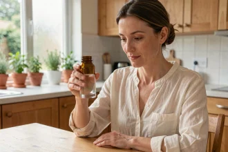 Femme prenant un complément alimentaire naturel dans sa cuisine pour améliorer son bien-être quotidien