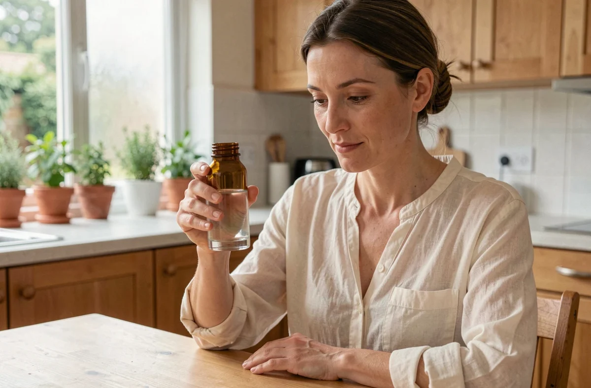 Femme prenant un complément alimentaire naturel dans sa cuisine pour améliorer son bien-être quotidien