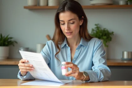 Femme lisant une notice de compl&eacute;ment alimentaire dans une cuisine lumineuse