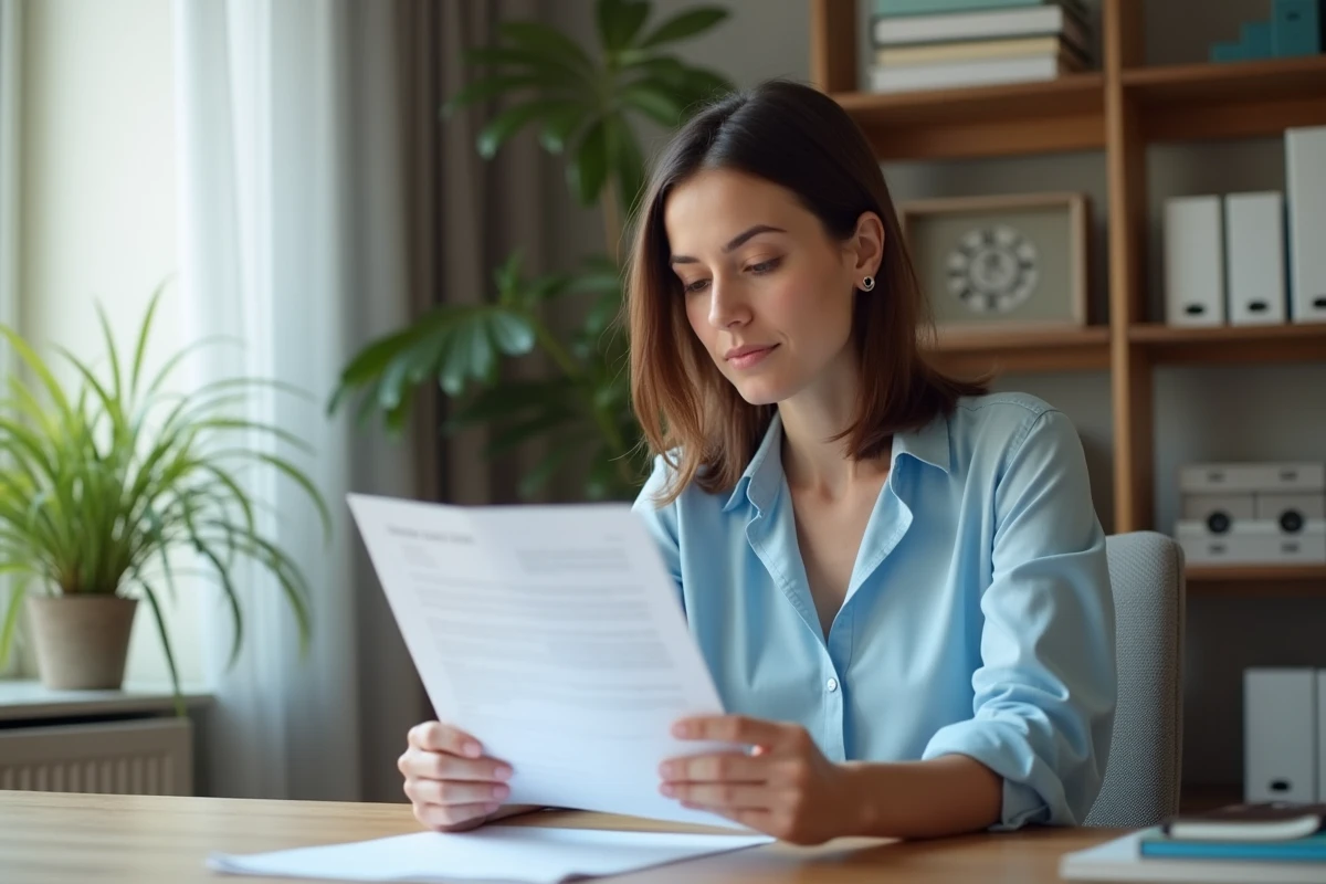 Femme consultant un document de complémentaire santé Groupama à son bureau à domicile