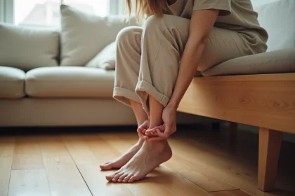 Femme massant une corne douloureuse sous le pied assise sur un banc en bois