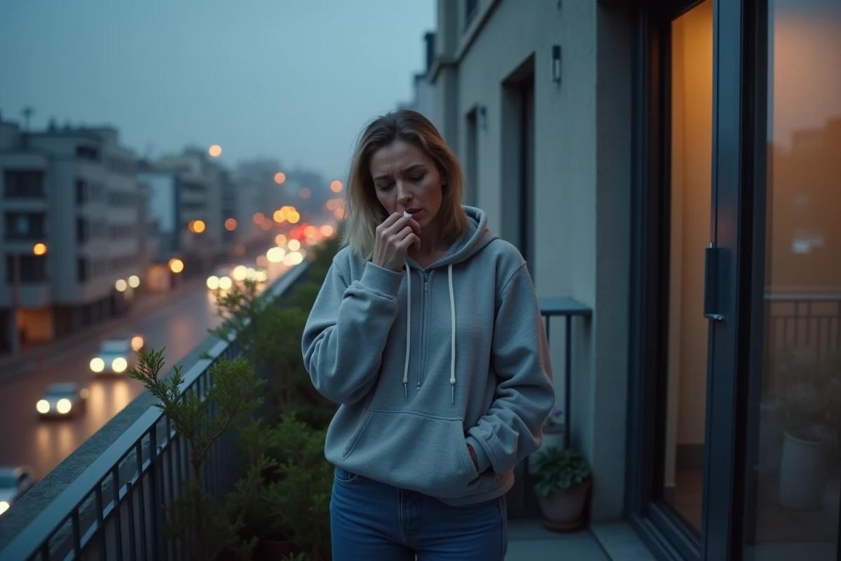 Femme en hoodie toussant sur un balcon urbain au cr&eacute;puscule