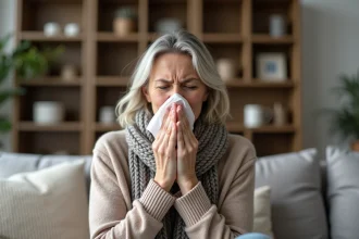Femme d'âge moyen toussant à la maison en cardigan