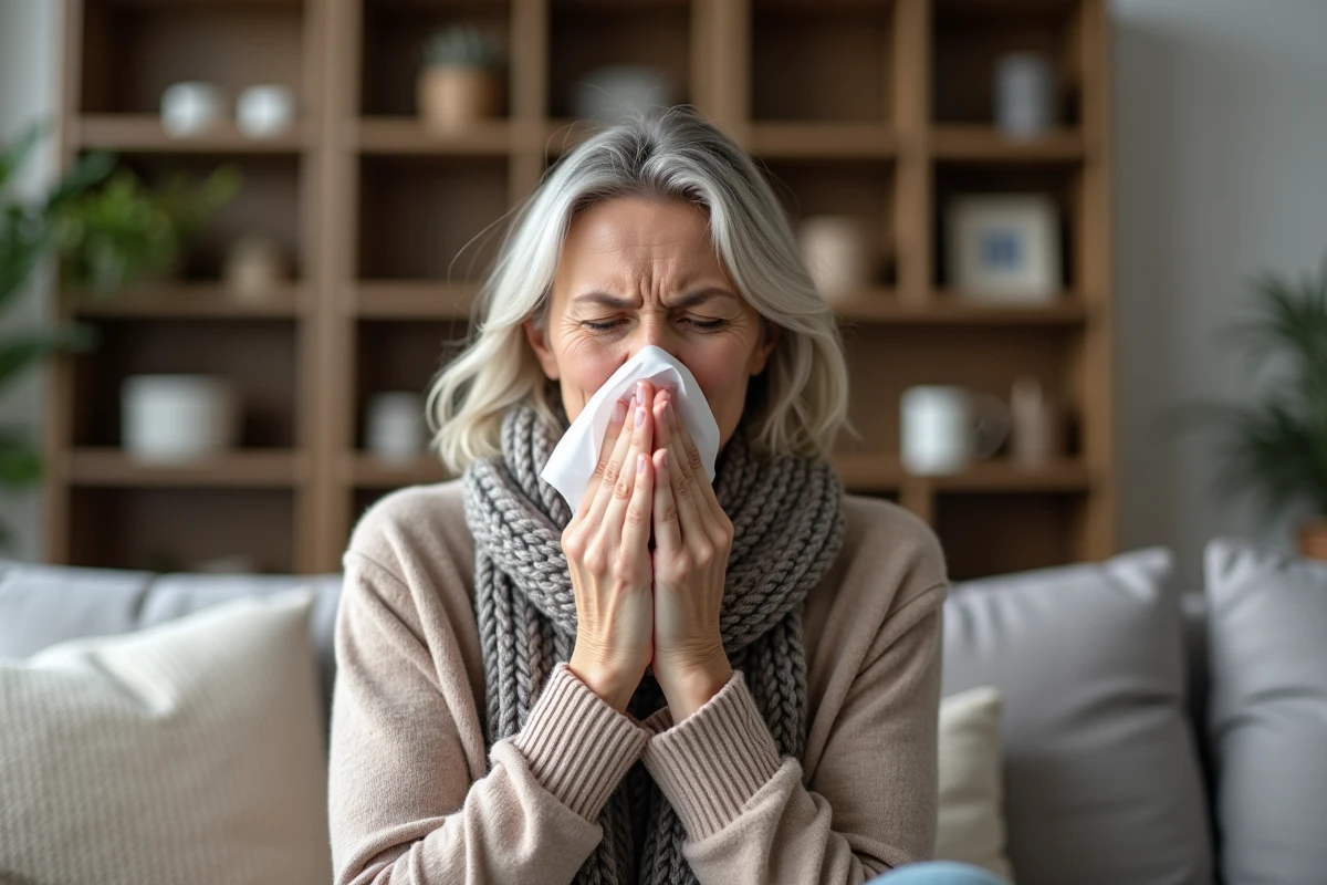 Femme d'âge moyen toussant à la maison en cardigan