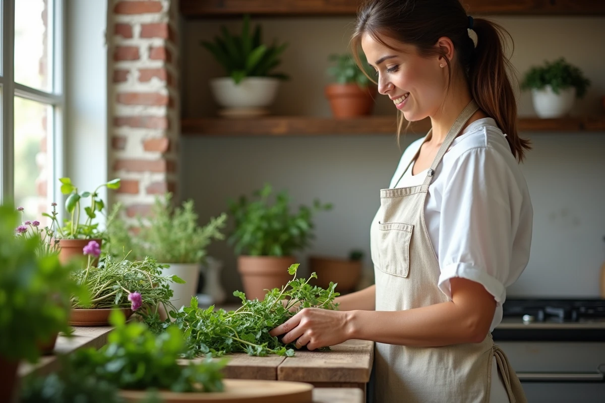 Femme préparant des herbes et fleurs comestibles dans une cuisine naturelle au style slow living