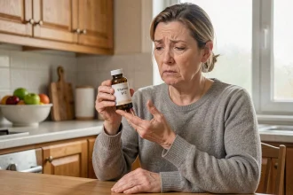 Femme tenant un flacon de vitamine B12 dans sa cuisine, illustrant une cure de supplémentation pour traiter une anémie diagnostiquée