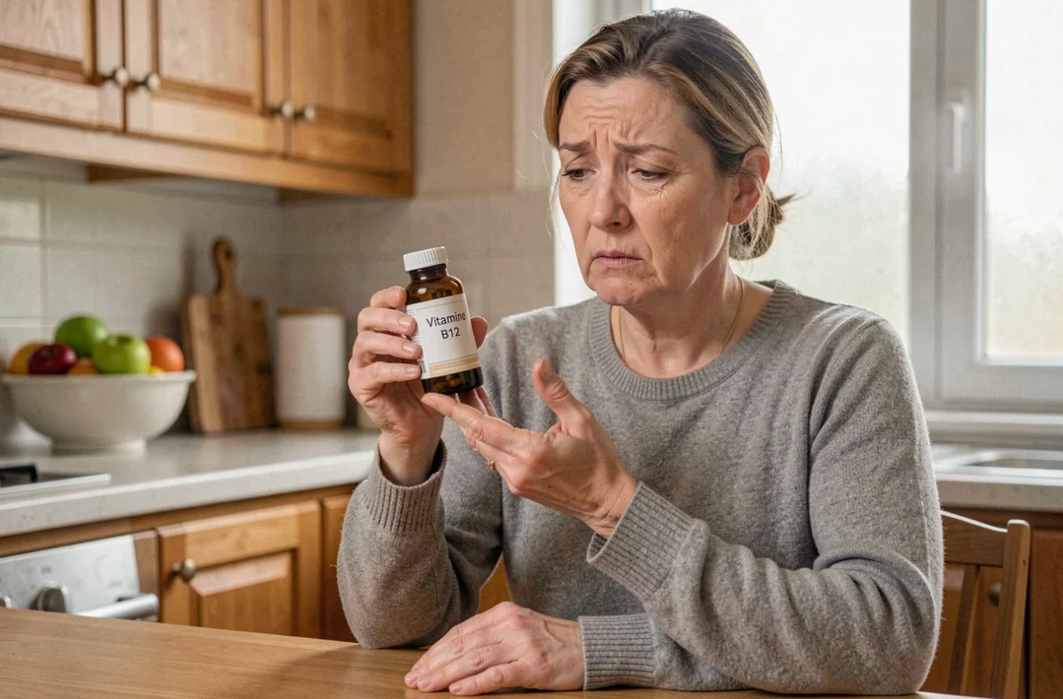 Femme tenant un flacon de vitamine B12 dans sa cuisine, illustrant une cure de supplémentation pour traiter une anémie diagnostiquée