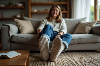 Femme assise sur un sofa en laine avec chaussettes en laine et jeans