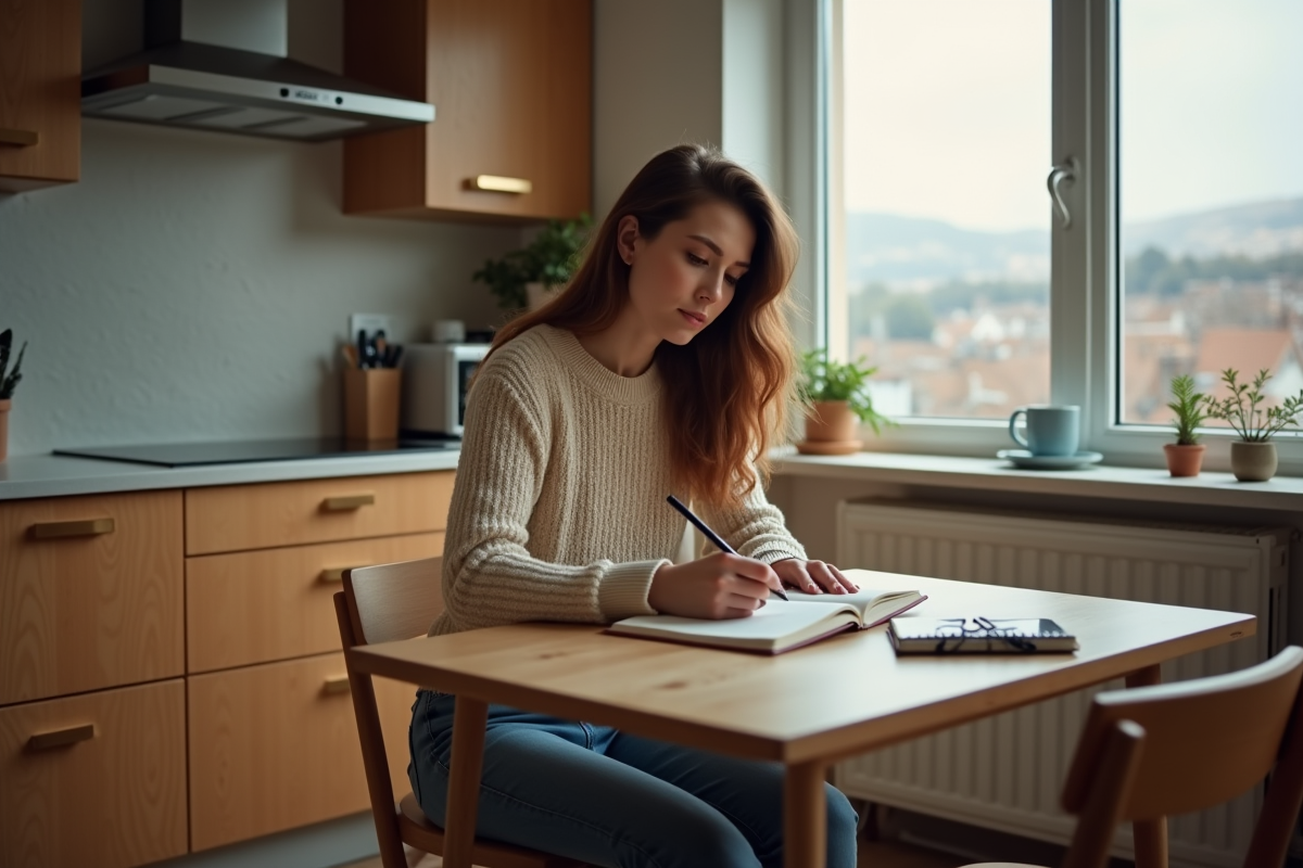 Jeune femme écrivant dans un journal à la cuisine