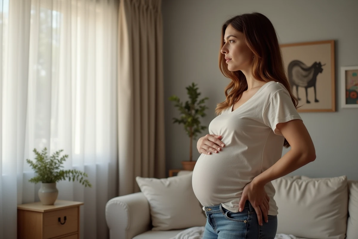 Femme enceinte dans son salon avec expression naturelle