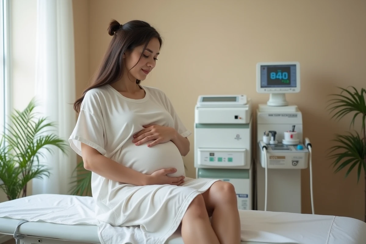 Femme enceinte au troisième trimestre assise sur une table d'examen gynécologique dans une clinique obstétrique moderne, les mains posées sur le ventre, expression sereine