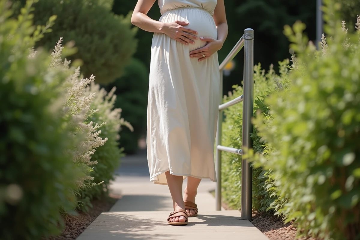 Femme enceinte montant des escaliers dans le jardin