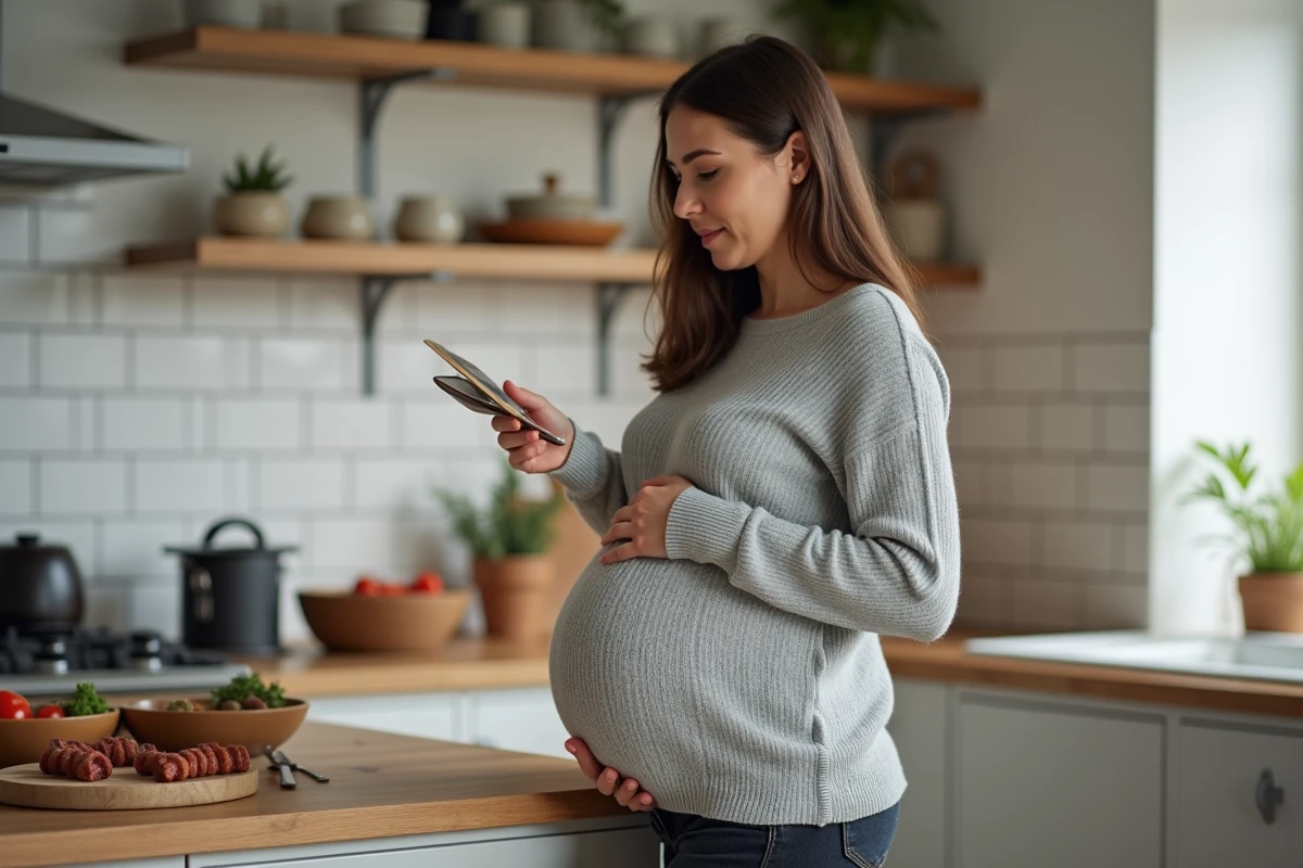 Femme enceinte lisant l'étiquette d'un paquet de chorizo dans une cuisine moderne, une main sur le ventre