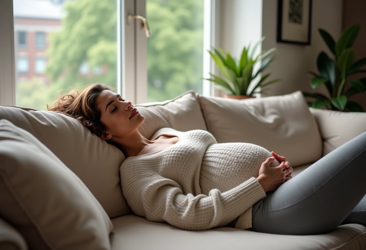 Jeune femme enceinte relaxant sur un canapé dans le salon