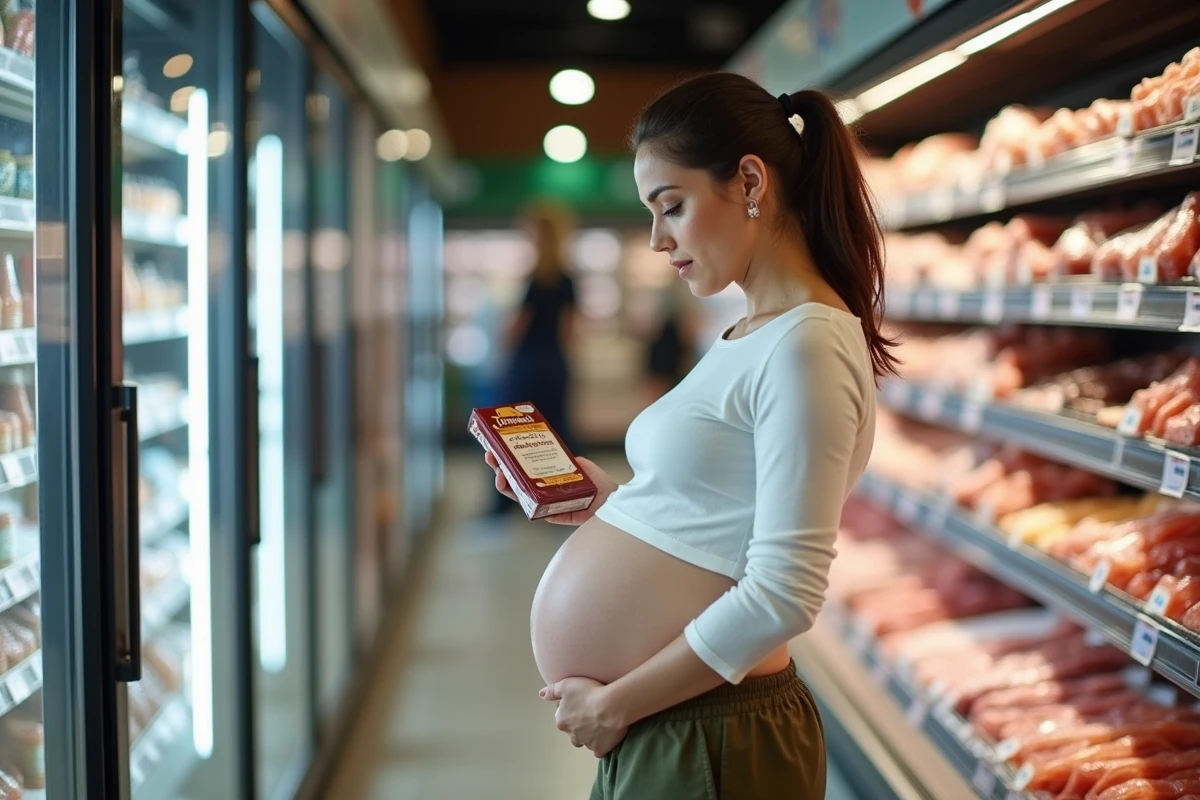 Femme enceinte examinant un paquet de chorizo dans le rayon charcuterie d'un supermarché
