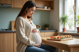 Femme enceinte regardant un plateau de sushi dans la cuisine