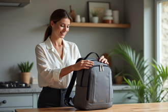 Femme posant un sac ergonomique sur la table de cuisine