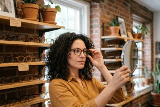 Une femme essayant des lunettes en acétate dans une petite boutique d'optique indépendante au décor chaleureux et artisanal