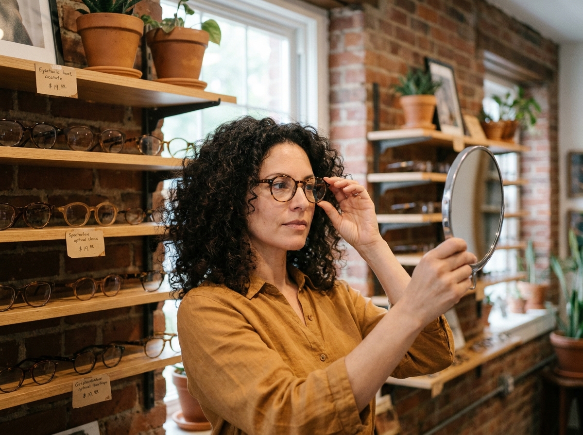 Une femme essayant des lunettes en acétate dans une petite boutique d'optique indépendante au décor chaleureux et artisanal