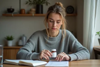 Femme évaluant un complément alimentaire Indiva System à son bureau à domicile