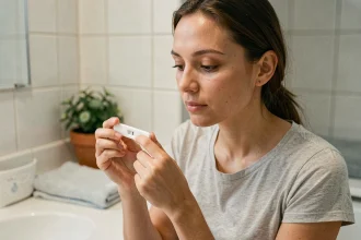 Femme examinant attentivement un test de grossesse dans une salle de bain, cherchant à reconnaître une barre d'évaporation