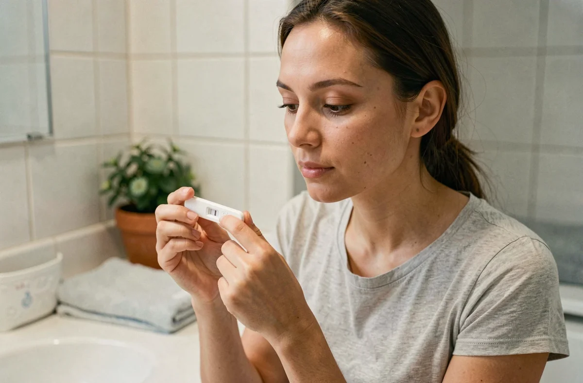 Femme examinant attentivement un test de grossesse dans une salle de bain, cherchant à reconnaître une barre d'évaporation