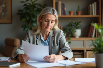 Femme française d'âge moyen examine des documents à la maison
