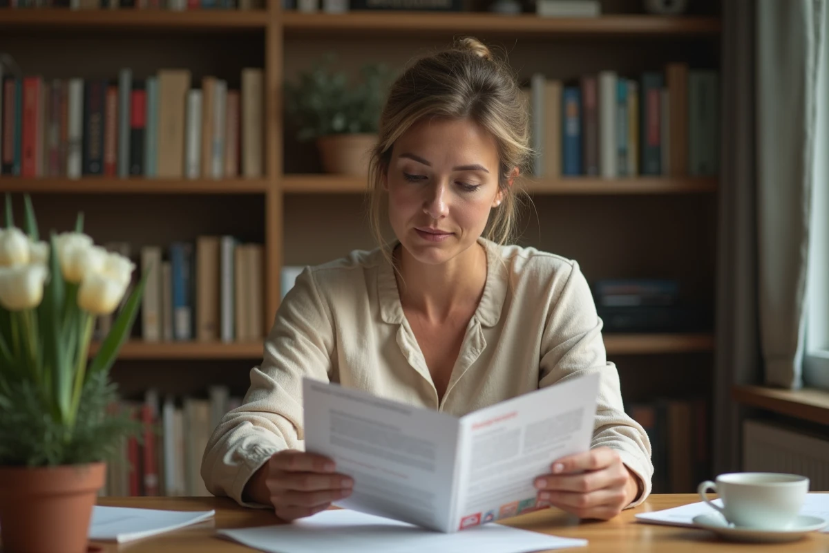Femme lisant une brochure sur la santé mammaire et la douleur sous l'aisselle gauche, processus d'information et de prévention du cancer du sein