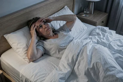 Femme d'une cinquantaine d'années allongée dans son lit les yeux ouverts, incapable de dormir en raison de vertiges liés à une névrite vestibulaire
